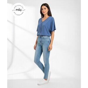 Korye V Neck Dolman Sleeve Smocked Waist Short Sleeve Blouse Blue Women M